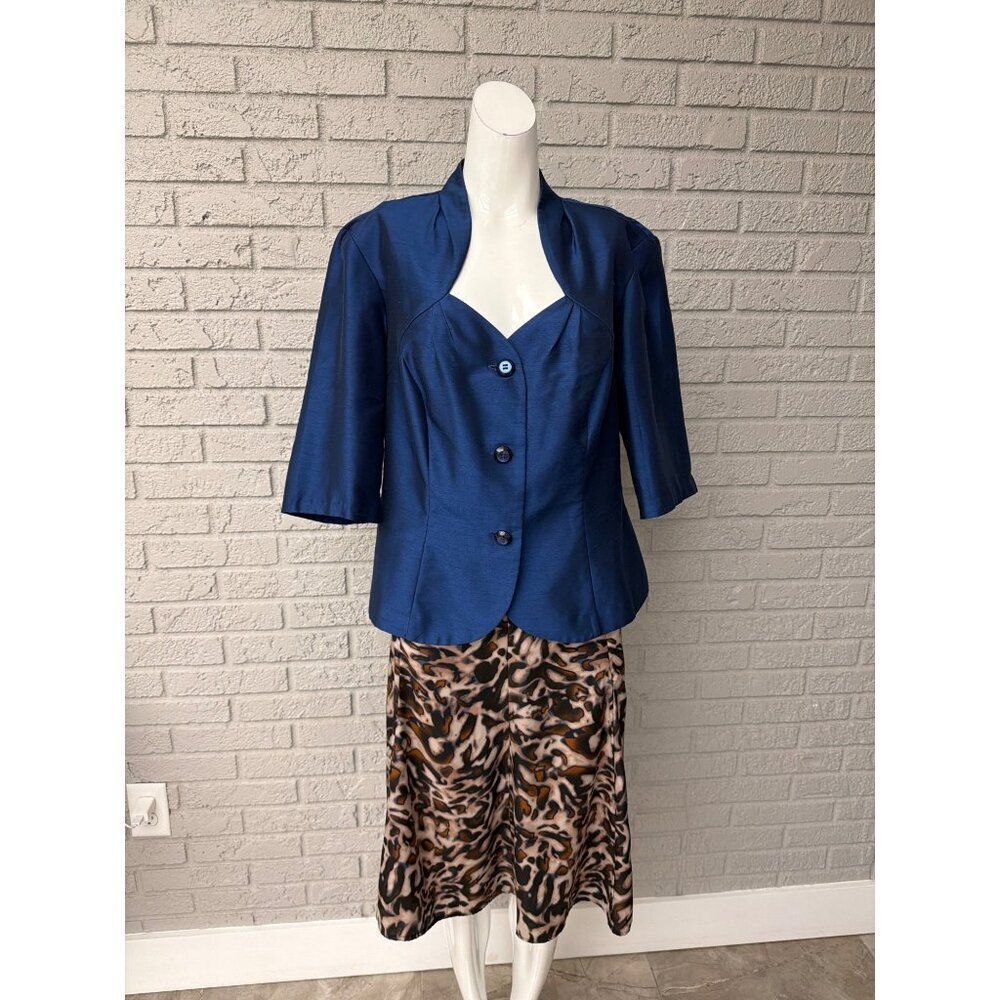 Dana Kay Women's Blue Metallic Shimmer Satin Blazer Skirt 2 PC Suit Size 16